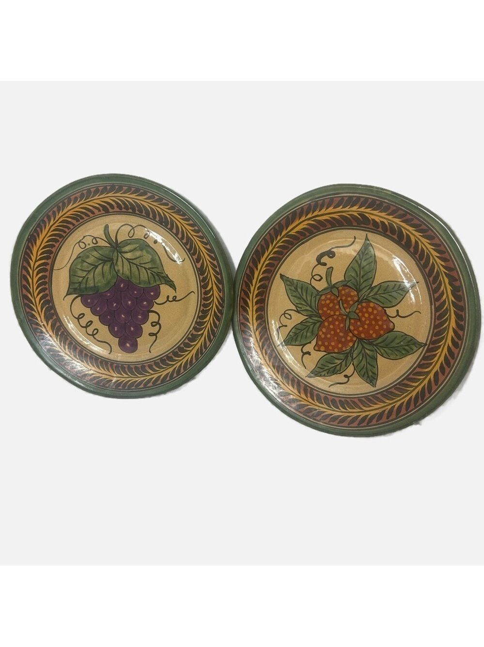 VTG Studio Art Pottery Mexican Handpainted Dinner Plates Folk Art Set of 2 Wall